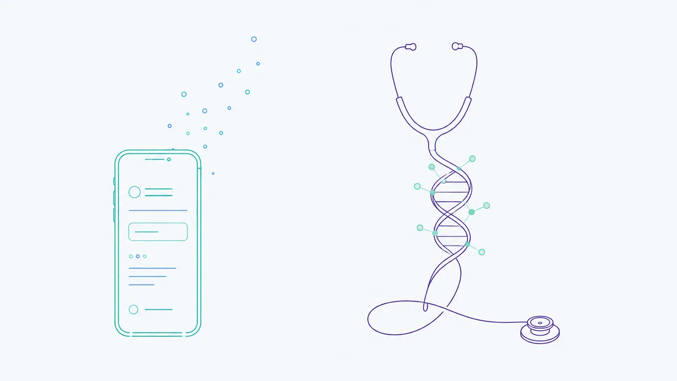 Ilustración: un paciente consulta información médica en su teléfono junto a un estetoscopio y una hélice de ADN